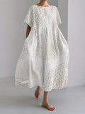 Sea Waves Ripples Japanese Embroidered Linen Blend Maxi Dress