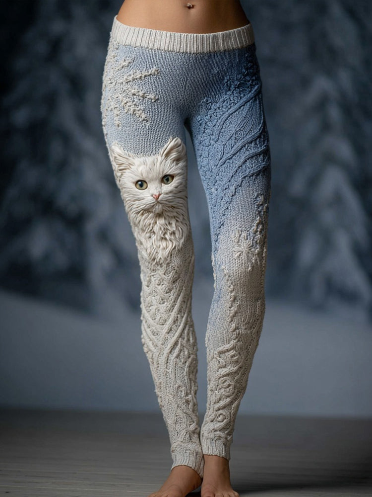 Comstylish Lovely Cat Face Jacquard Gradient Cozy Knit Leggings
