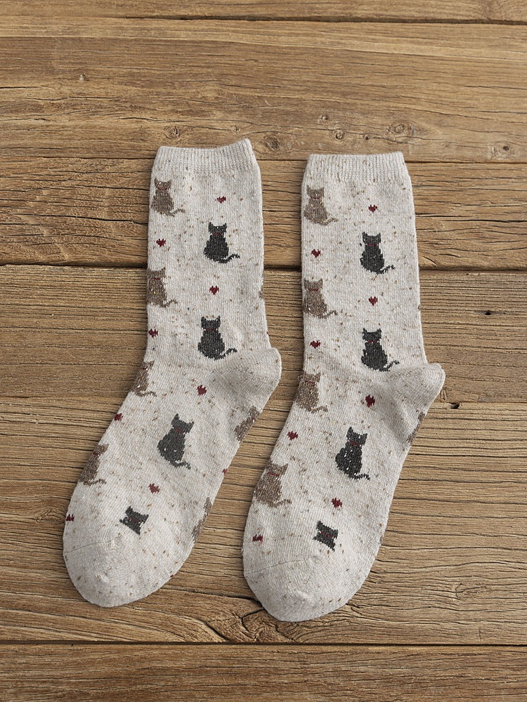 Comstylish Lovely Cats & Heart Pattern Comfy Knit Socks