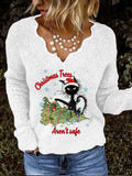 Women's Christmas Trees Aren T Safe Naughty Black Cat Print V-Neck Top elevenforest