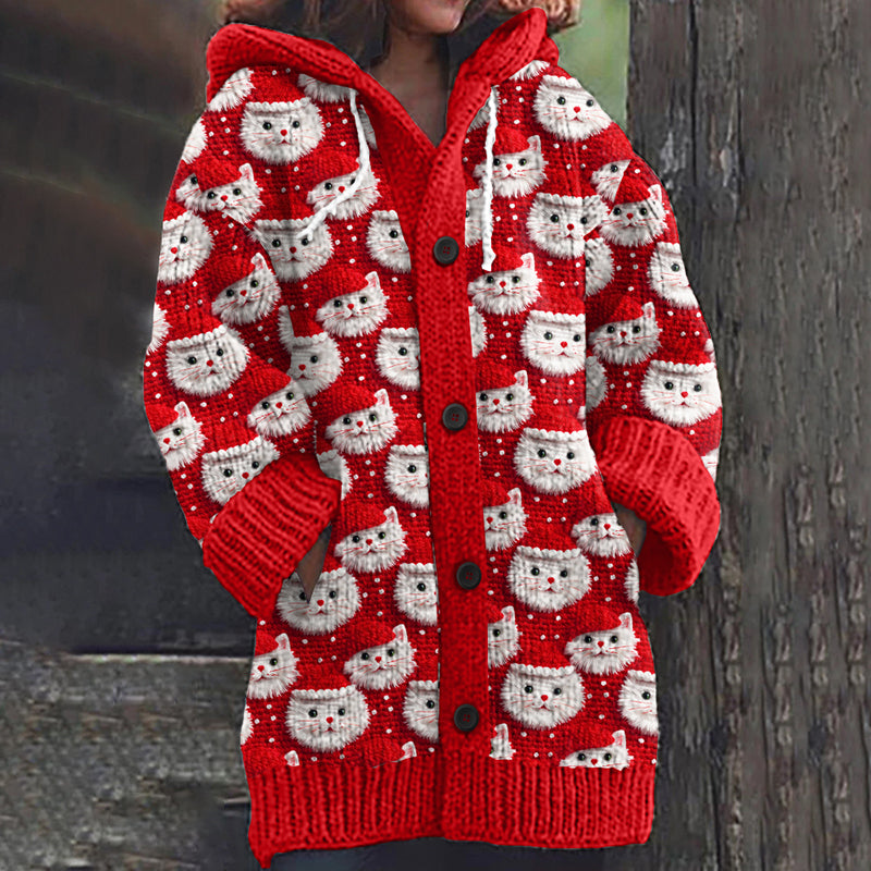 Comstylish Cute Christmas Cat Print Knitted Hooded Cardigan
