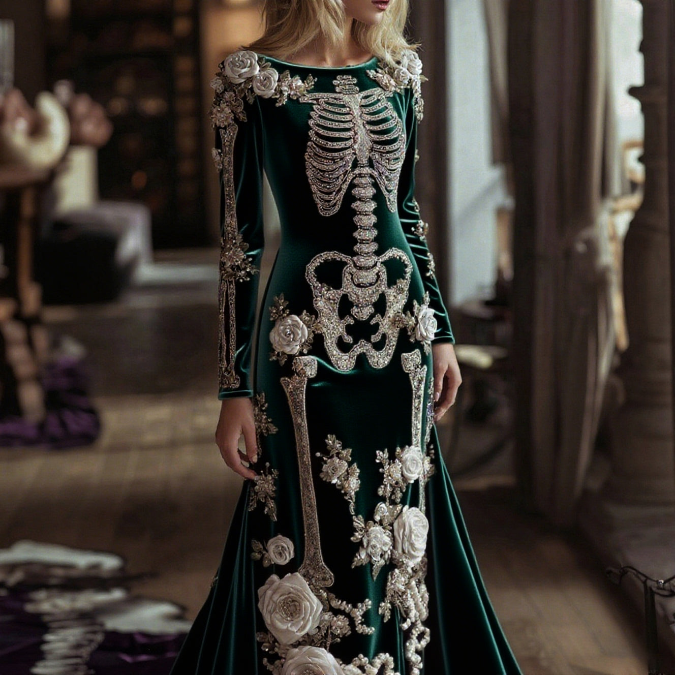 Comstylish Women's Halloween Dark Gothic Rose Skeleton Velvet Round Neck Maxi Dress