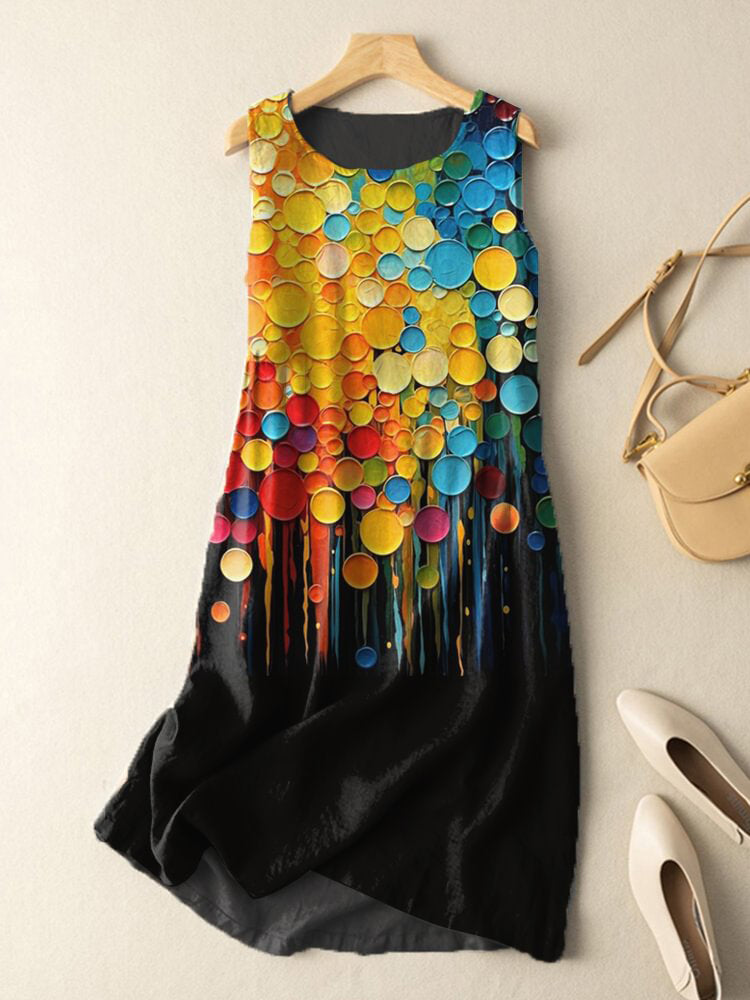 Vintage Rainbow Fluid Spot Painting Print Cotton And Linen Midi Dress