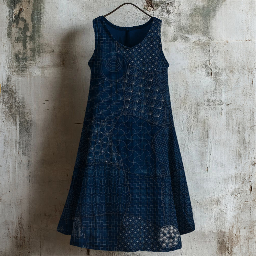 Comstylish Japanese Traditional Sashiko Art Linen Midi Dress
