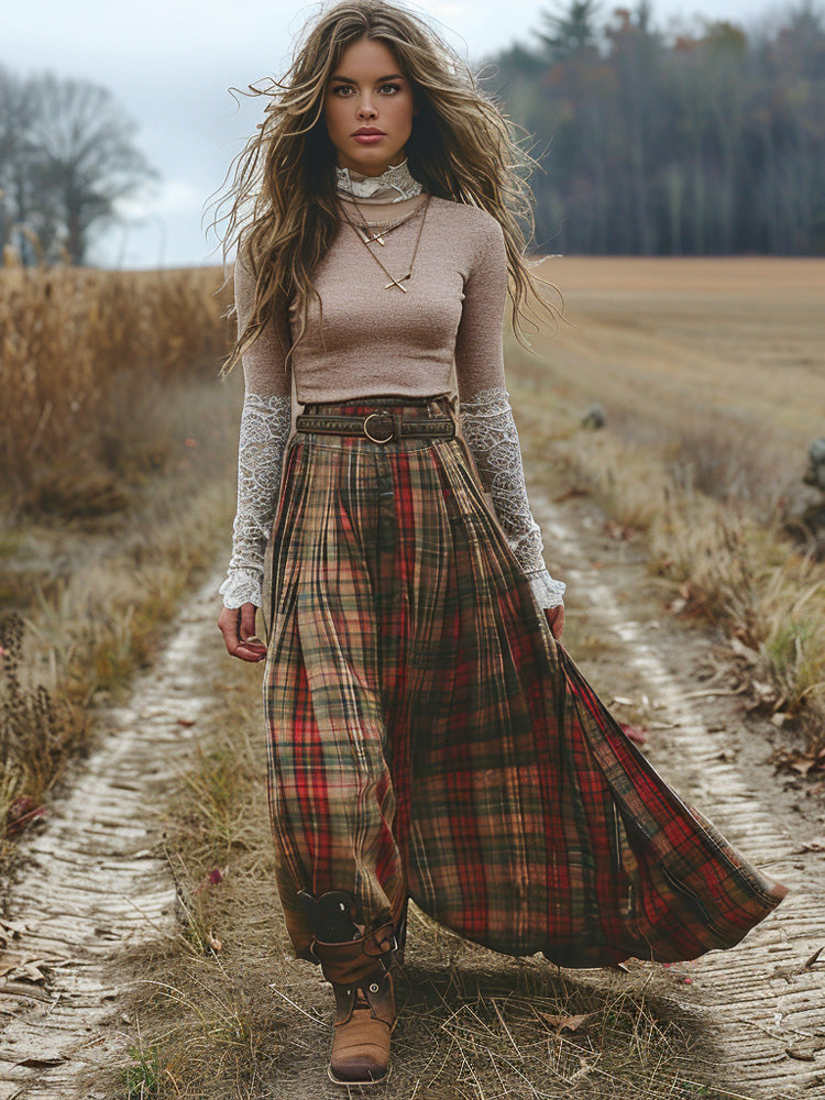 Women's Retro High Neck Long Skirt Plaid Pastoral Style Skirts artswardrobe