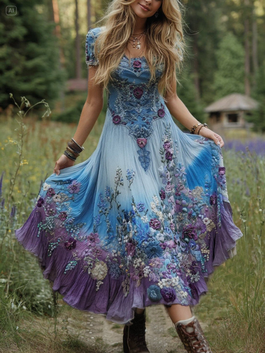 Classy Gradient Purple Lavender And Floral Embroidered Linen Maxi Dress artswardrobe