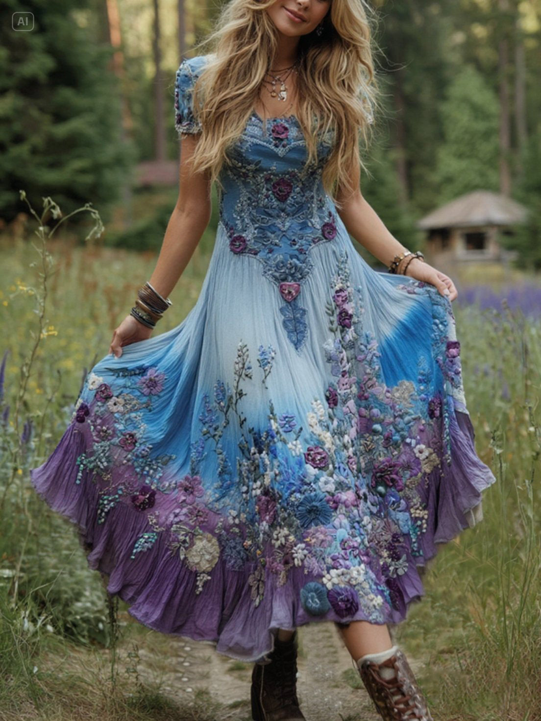 Classy Gradient Purple Lavender And Floral Embroidered Linen Maxi Dress artswardrobe