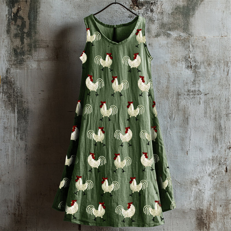 Farm Roosters Embroidered Linen Tank Dress artswardrobe