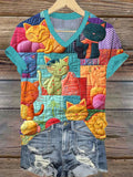 Colorful Cat Pattern Patchwork Art V-neck T-Shirt elevenforest