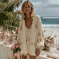 Comstylish Vintage Floral Embroidery Art Linen Comfy Button Shirt