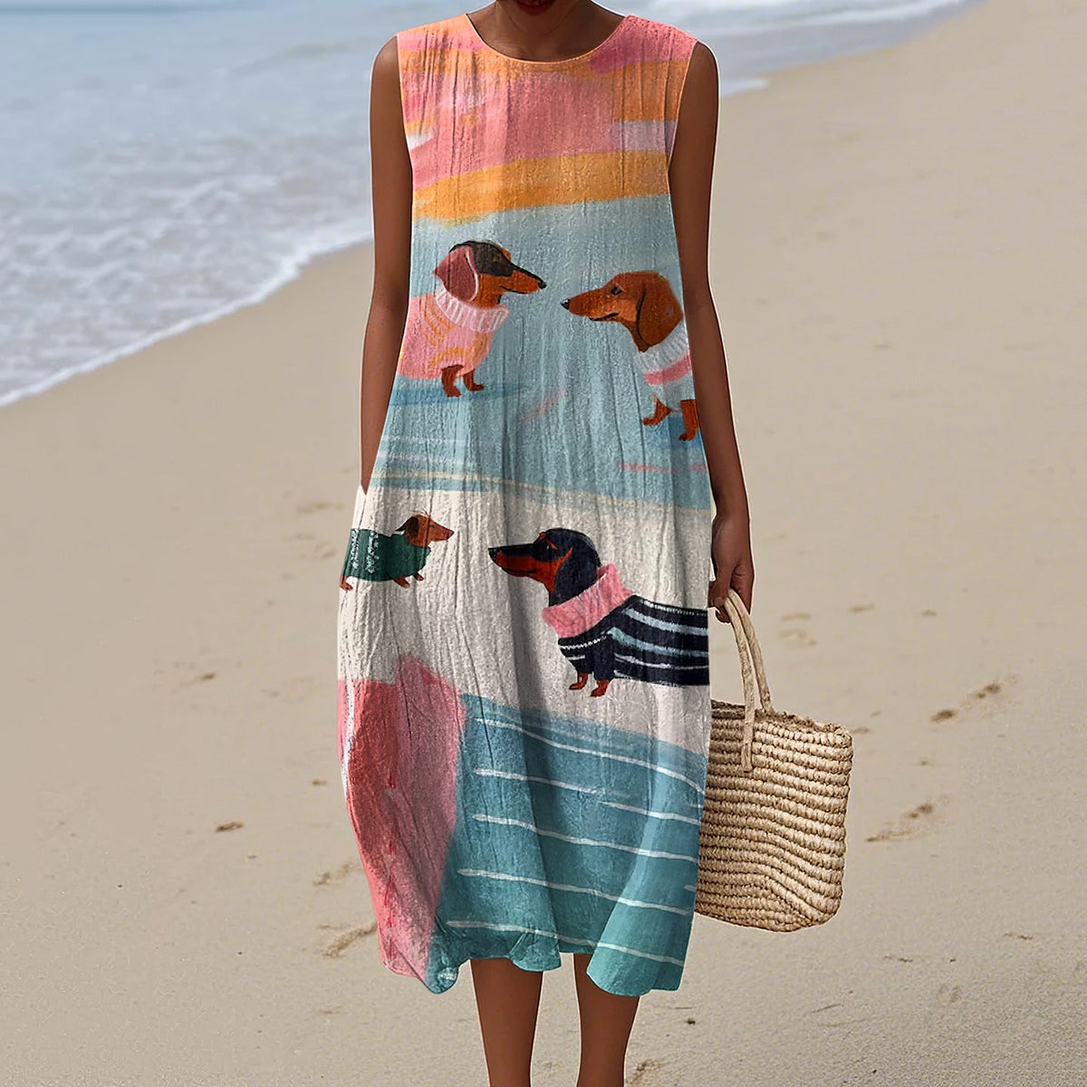 Retro Cute Dachshund  Sausage Dog Art Linen Tank Midi Dress artswardrobe