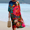 Women's Hibiscus Art Linen Round Neck Dress artswardrobe