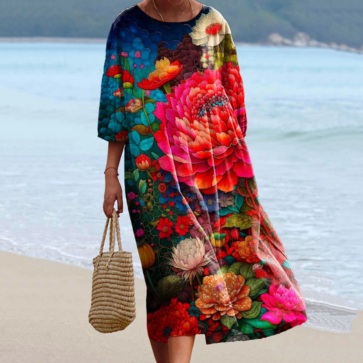 Women's Hibiscus Art Linen Round Neck Dress artswardrobe