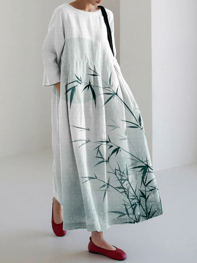 Comstylish Vintage Bamboo Art Linen Blend Maxi Dress