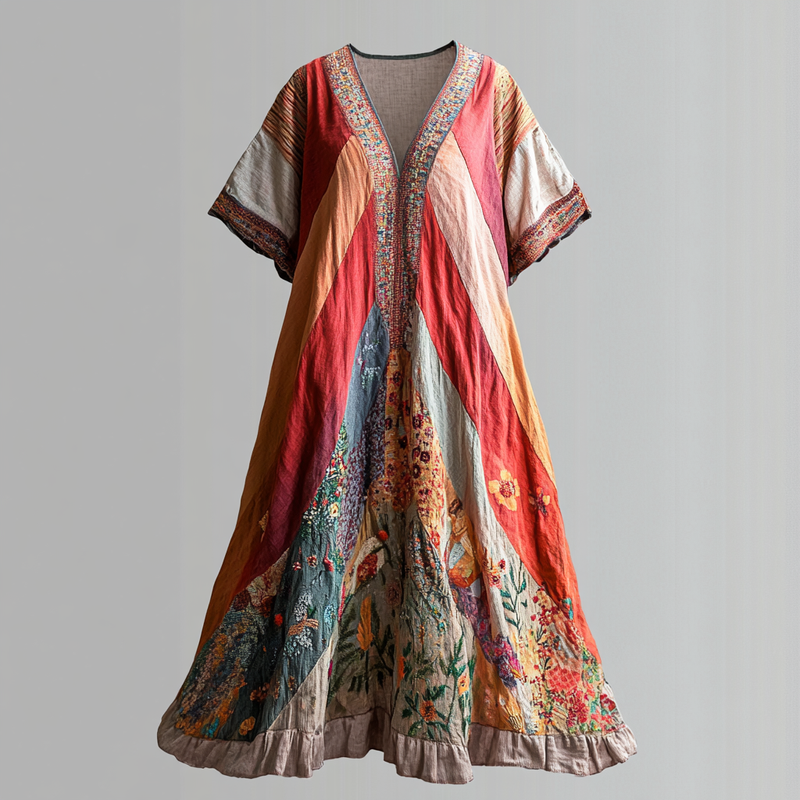 Women's Vintage Rainbow With Floral Art Linen V-neck Short Sleeve Dress artswardrobe