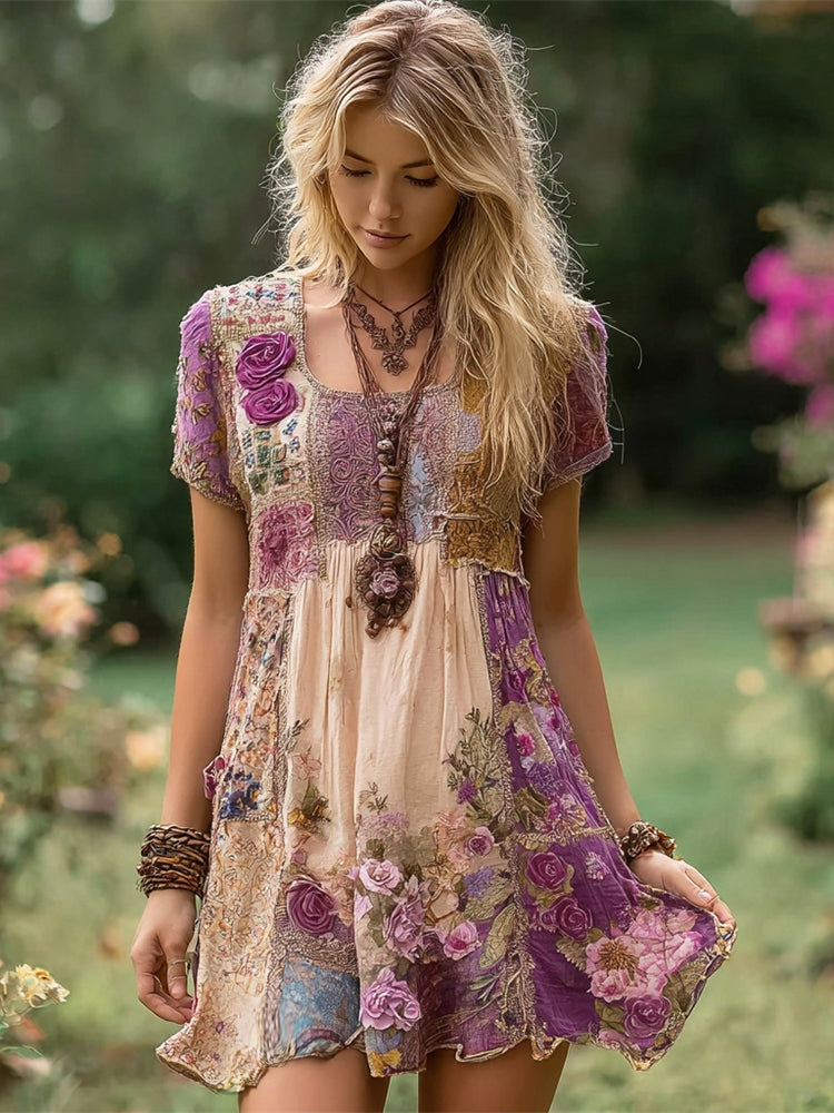 Purple Floral Boho Art Women's Linen Short Sleeve Mini Dress artswardrobe