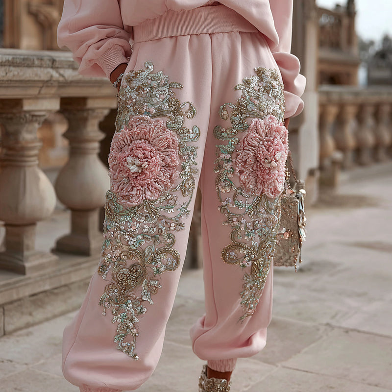 Comstylish Women's Vintage Floral Embroidery Art Casual Sweatpants