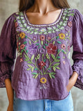 Purple Ethnic Floral Embroidery Vintage Women's Linen Shirt artswardrobe