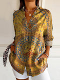 Women's Vintage Ethnic Floral Art Print Casual Cotton Shirt