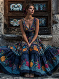 Comstylish Day Of The Dead Boho Mexican Floral Embroidered Linen Maxi Dress