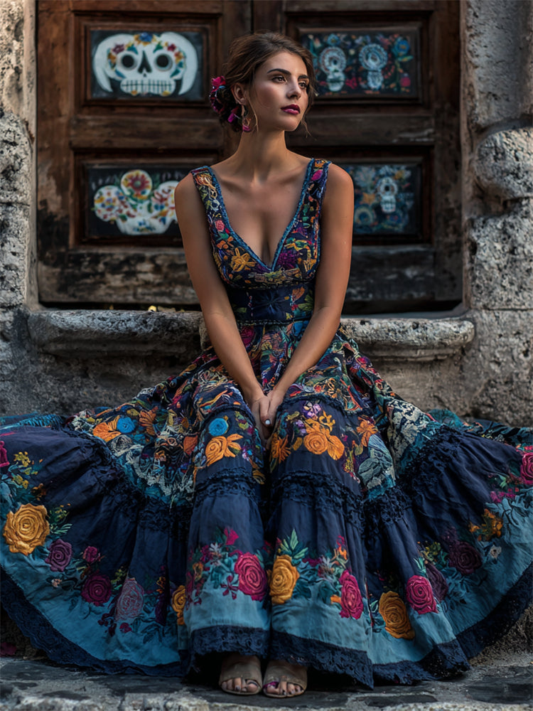 Comstylish Day Of The Dead Boho Mexican Floral Embroidered Linen Maxi Dress