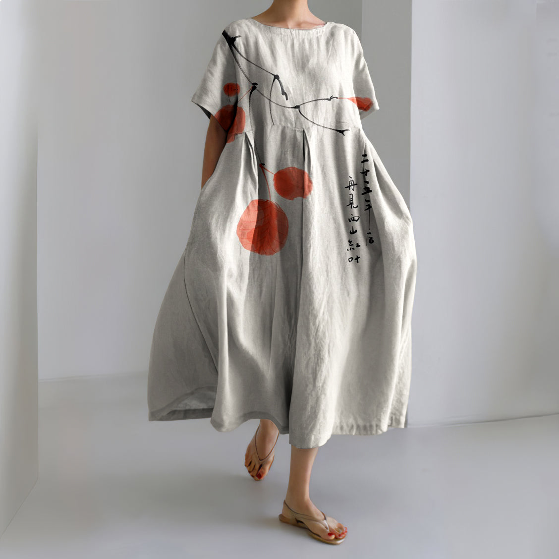 Comstylish Vintage Blossom Art Printed Crew Neck Casual Midi Dress