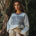 Vintage Greek Key Motif Cretan Embroidery Linen Blend V-neck T-shirt artswardrobe