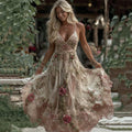 Comstylish Women's Vintage Rose Embroidery Art V-neck Suspender Maxi Dress