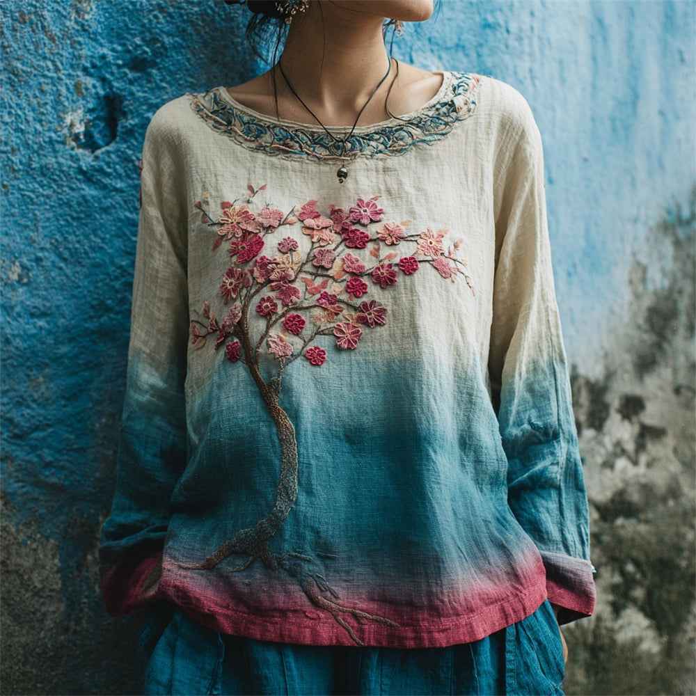 Vintage Plum Flower Embroidery Women's Linen Long Sleeve Shirt artswardrobe