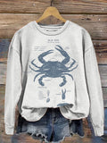 Vintage Blue Crab Art Print Casual Sweatshirt