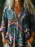 Women's Bohemian Floral Collage Art Print Casual Cotton Linen Shirt