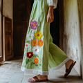 Retro Boho Floral Lace Embroidery Art Cotton Linen Wide Leg Pants artswardrobe