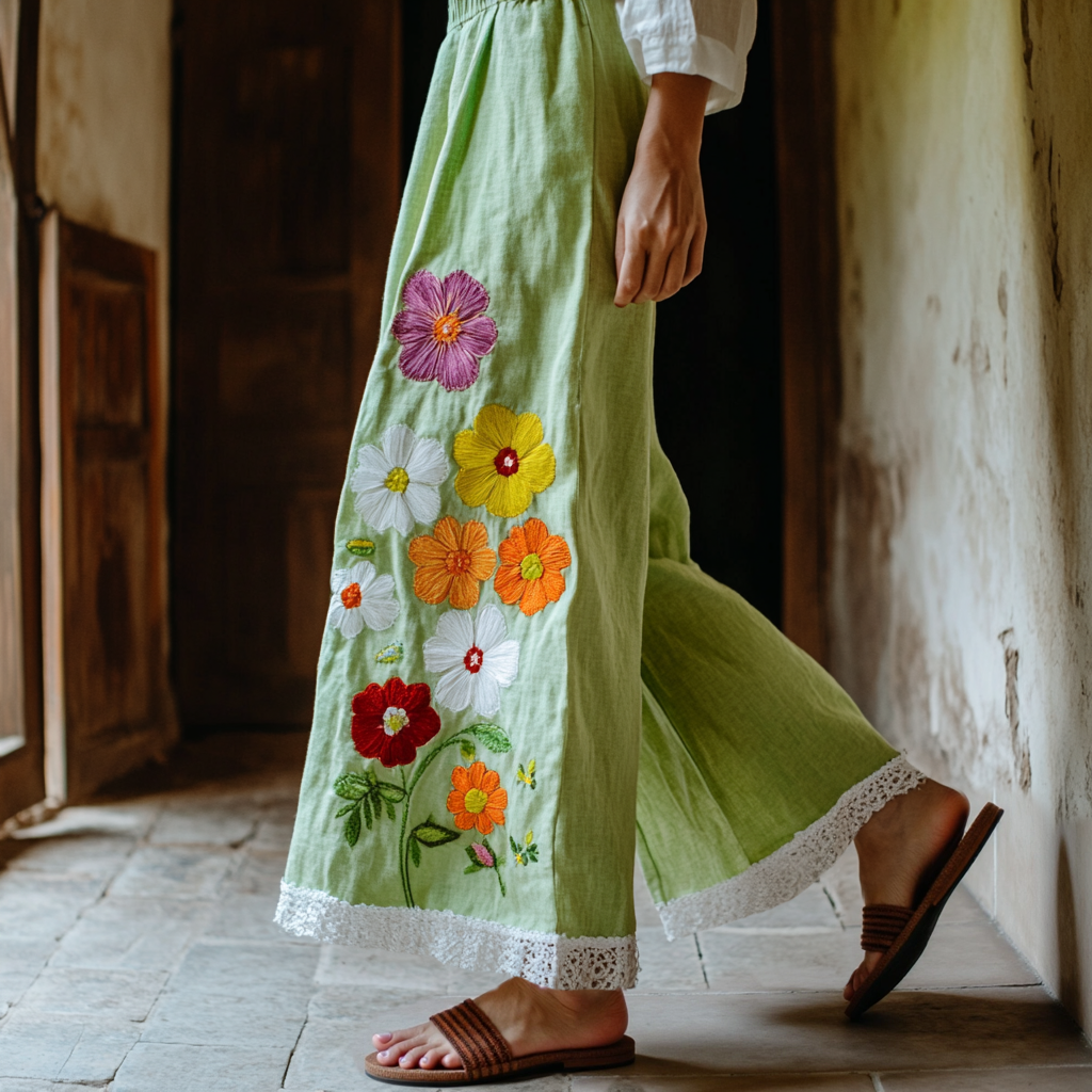 Retro Boho Floral Lace Embroidery Art Cotton Linen Wide Leg Pants artswardrobe