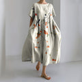 Comstylish Japanese Art Persimmon Linen Blend Short Sleeve Maxi Dress