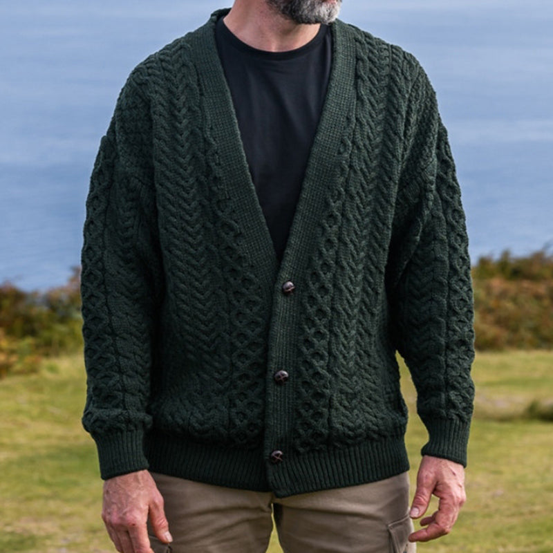 Men's Merino Wool Aran V-Neck Sweater Cardigan elevenforest