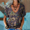 Women's Vintage Floral Art Print V-neck Linen Blend T-shirt artswardrobe