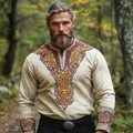 Men's Vintage Viking Celtic Embroidered V-neck Linen Blend Shirt artswardrobe