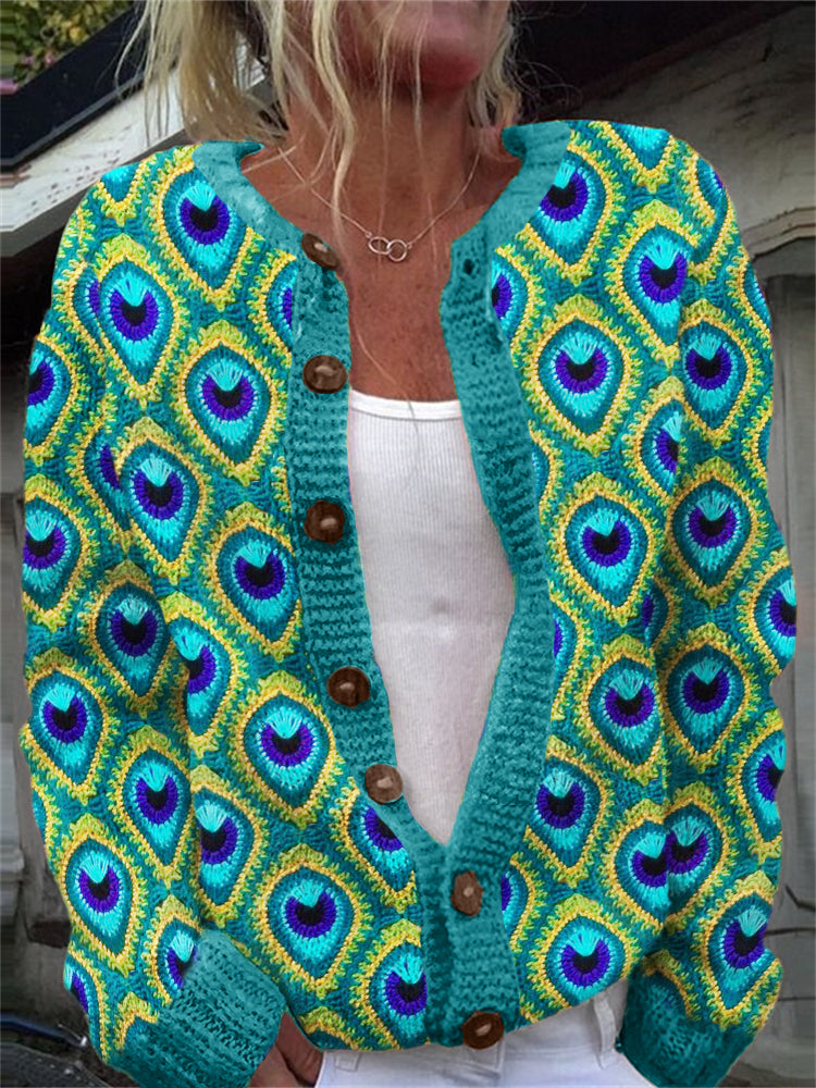 Turquoise Peacock Feathers Crochet Cozy Cardigan artswardrobe