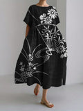 Comstylish Fan Floral Japanese Art Linen Blend Maxi Dress