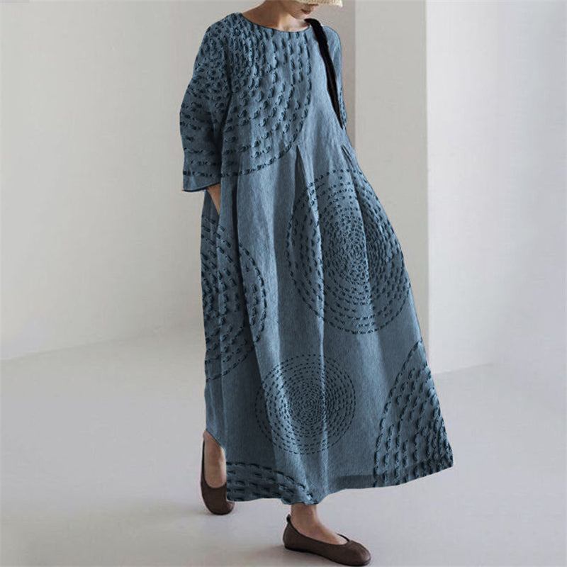 Comstylish Ripples Japanese Sashiko Art Linen Maxi Dress