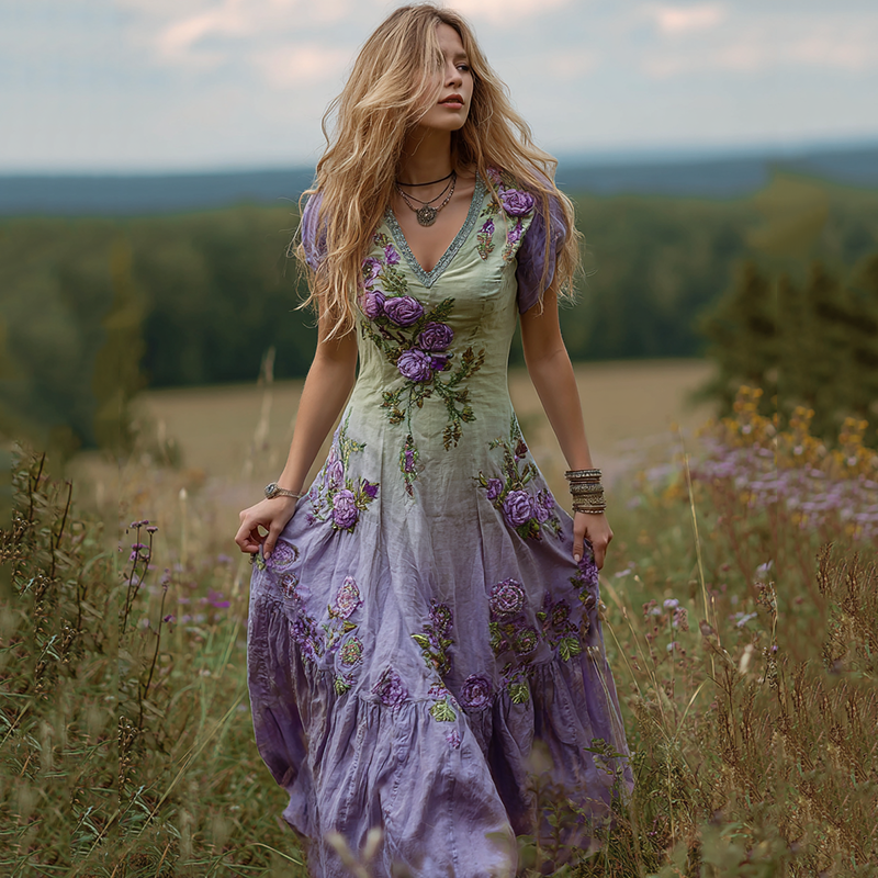 Women's Bohemian Floral Art Gradient Linen Maxi Dress artswardrobe