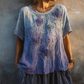 Vintage Boho Purple Roses Embroidered Gradient Linen T Shirt artswardrobe
