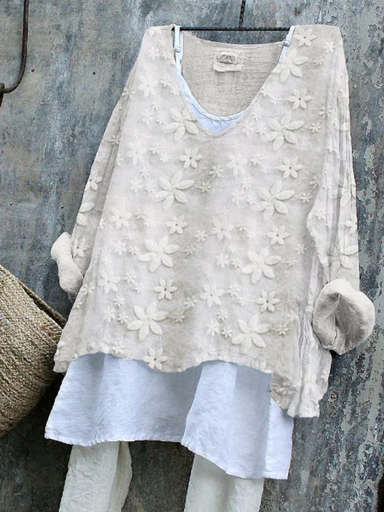 Comstylish Floral Lace Embroidered Linen Blend Tunic