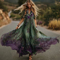 Women's Purple Rose Pattern Gradient Elegant V-neck Dress artswardrobe