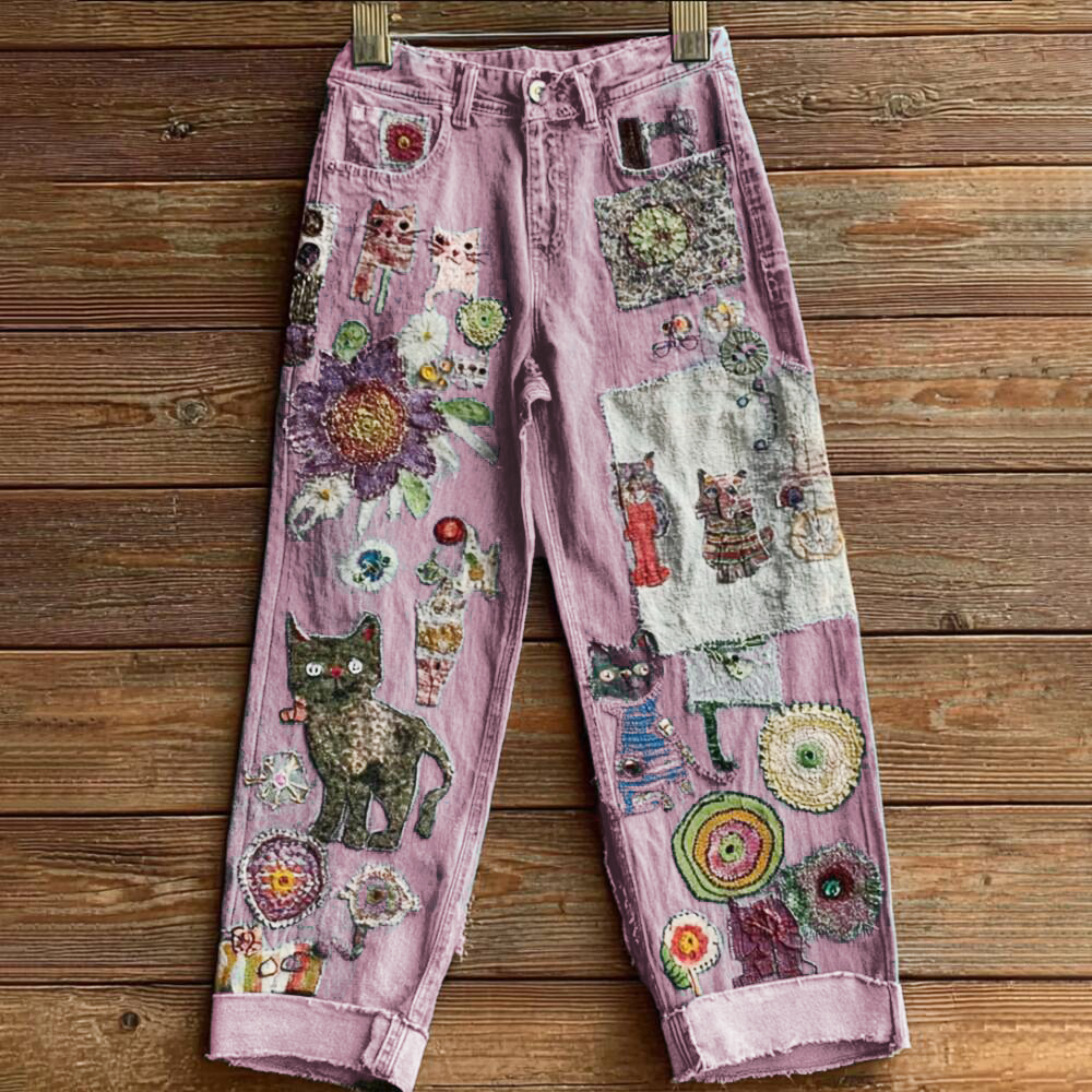 Comstylish Women's Bohemian-style Floral Cat-print Jeans