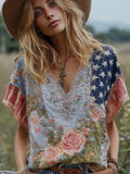 Women's Vintage American Western Country Style Floral And Stars Embroidered Linen Blend V-neck T-shirt artswardrobe