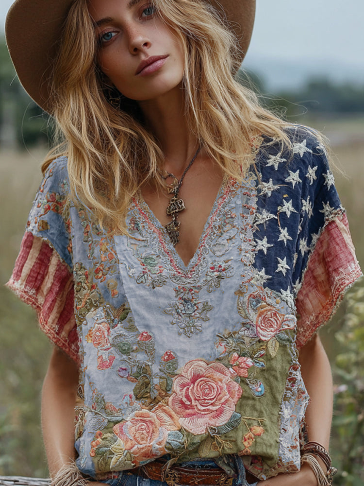 Women's Vintage American Western Country Style Floral And Stars Embroidered Linen Blend V-neck T-shirt artswardrobe