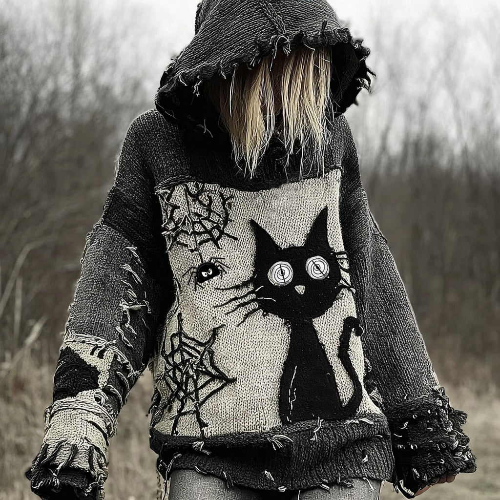 Halloween Scared Black Cat Patchwork Stitched Cozy Knit Hooded elevenforest