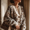 Comstylish Vintage Leopard Pattern V Neck Cozy Knit Cardigan