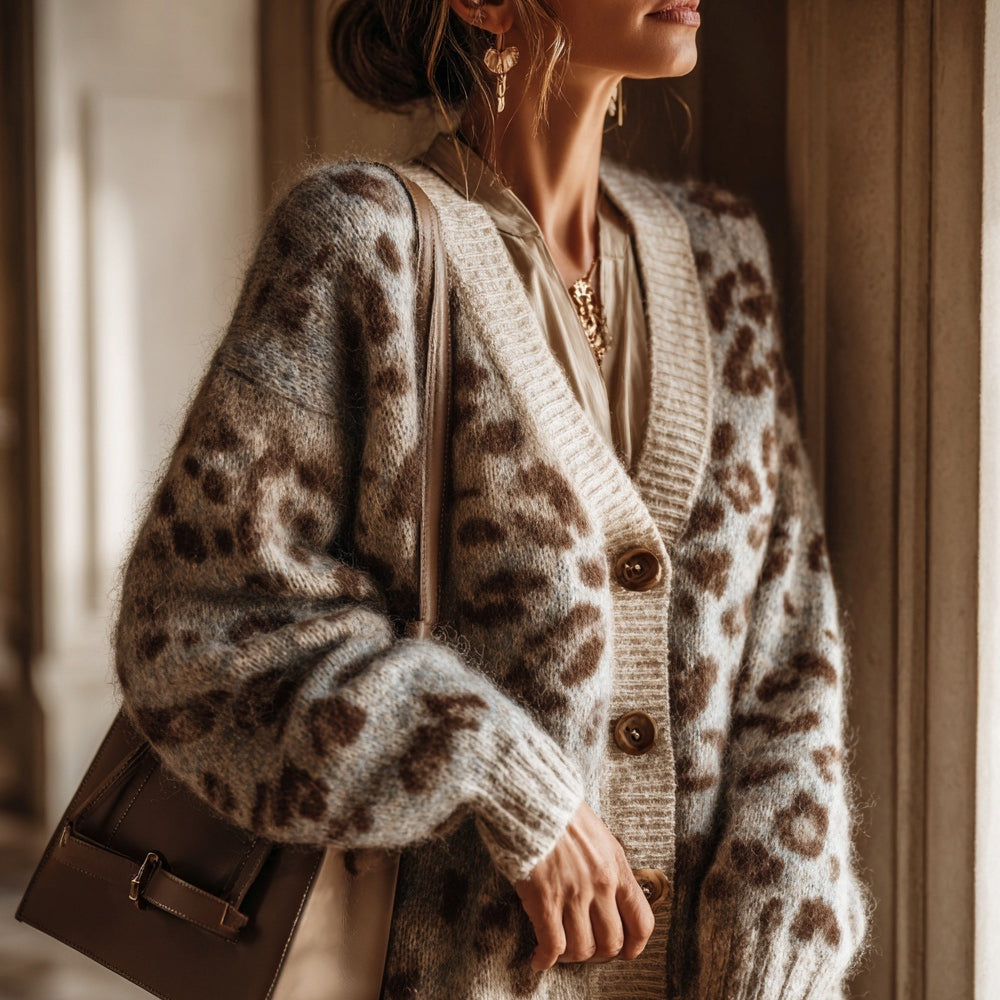 Comstylish Vintage Leopard Pattern V Neck Cozy Knit Cardigan